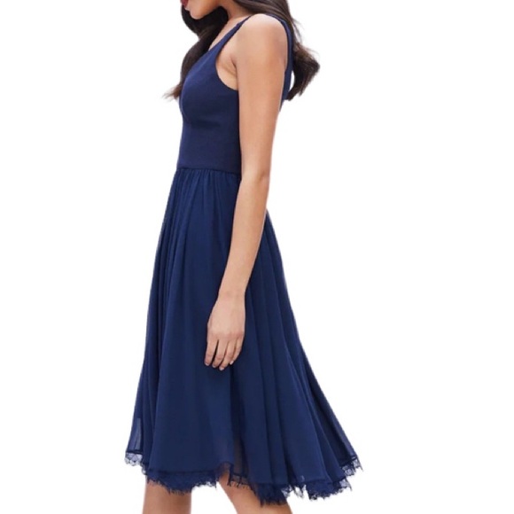 NWT Dress the Population Alicia Mixed Media Midnight Blue Midi Dress - Sz L - Picture 2 of 9